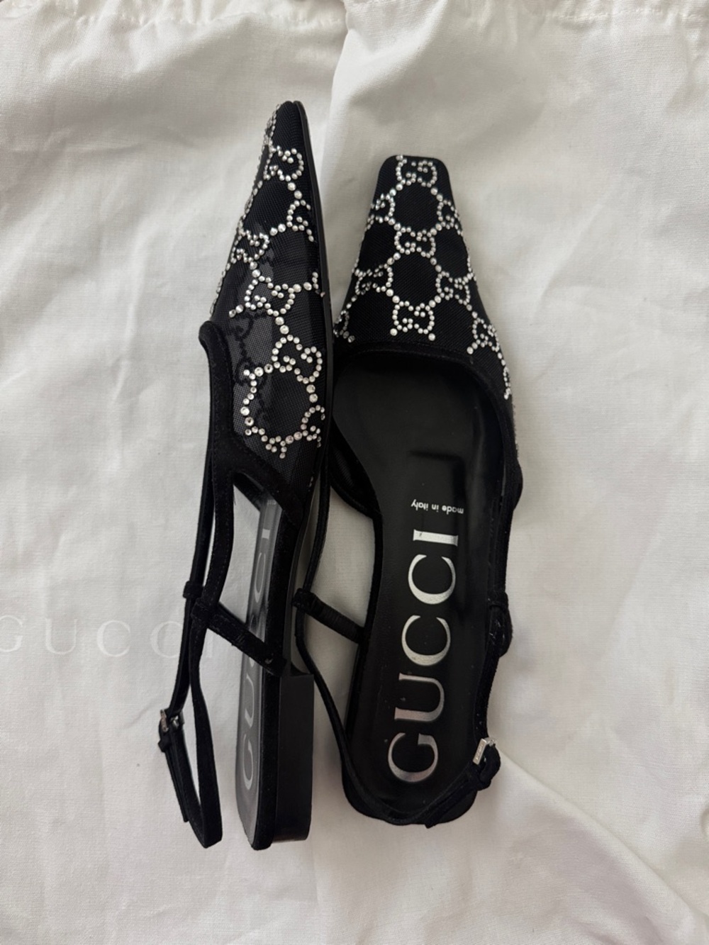 Gucci Black Crystal-Embellished Slingback Flats 38.5